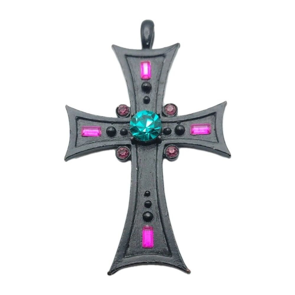 Vintage Statement Gothic Cross Pendant 3" Black Pink Blue Rhinestone Halloween